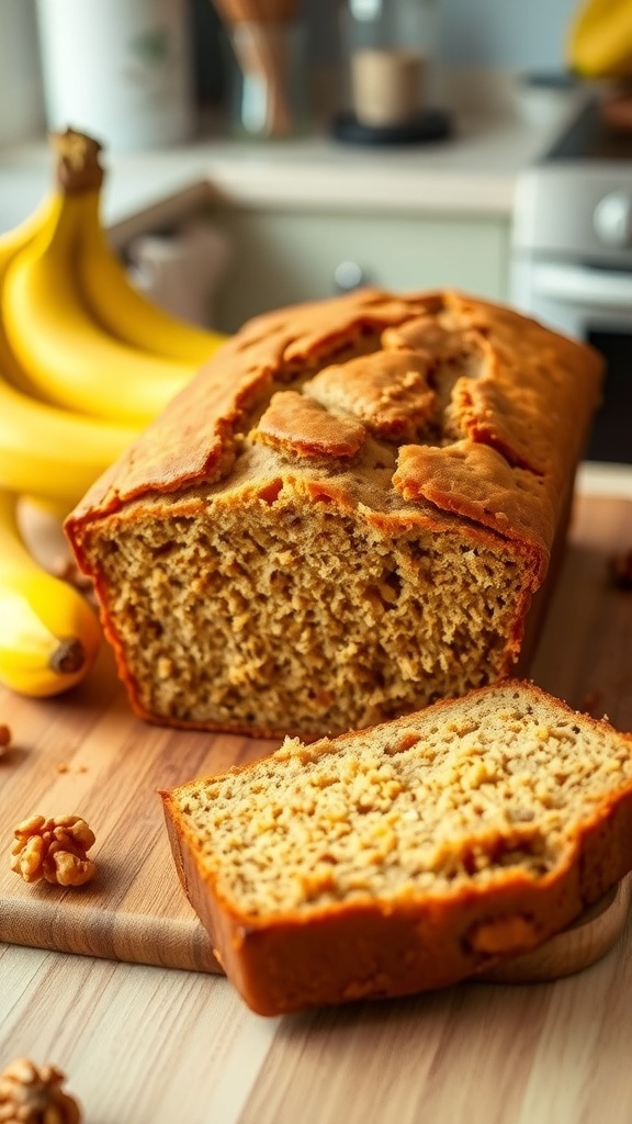 A loaf of vegan banana bread on a cutting board with ripe bananas and walnuts, showcasing a slice cut out.